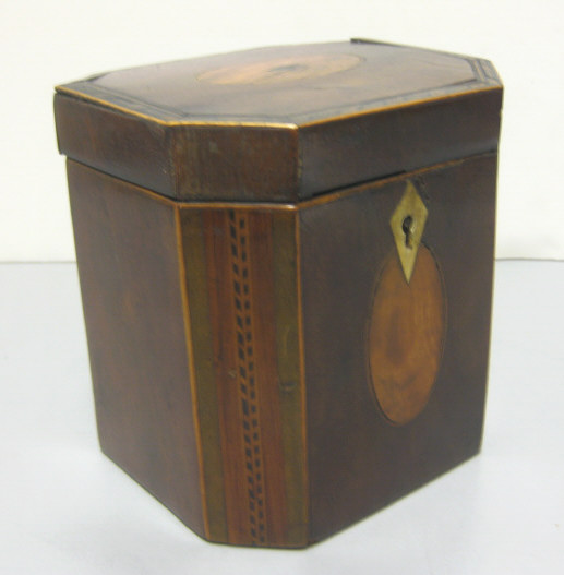 ANTIQUE ENGLISH MAGHOGANY TEA CADDY Sheraton style eight sided satinwood