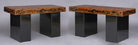 PAIR OF CONTEMPORARY MOTTLED RED AND BLACK LACQUER SIDE TABLES