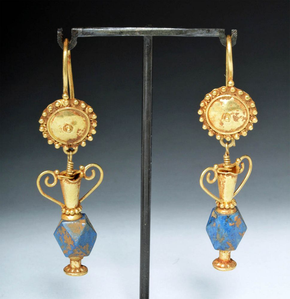 Amazing Hellenistic Greek Pair of Gold Lapis Earrings Greece Hellenistic