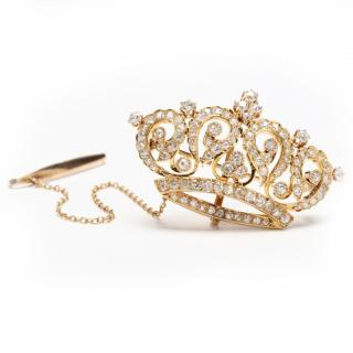 14KT Gold and Diamond Crown Brooch in an open and