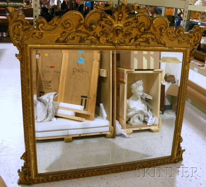 Large Louis XV style Giltwood Overmantel Mirror with rectangular beveled