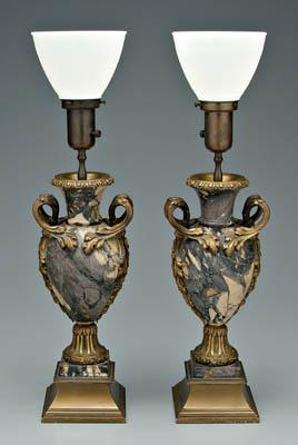 Pair ormolu mounted marble urns variegated purple marble with ormolu