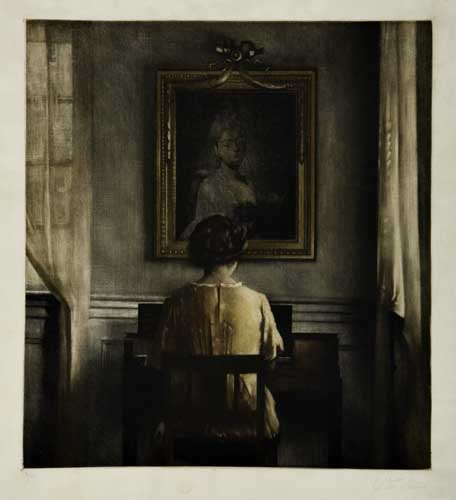 PETER ILSTED At the Spinet Color mezzotint on chine coll