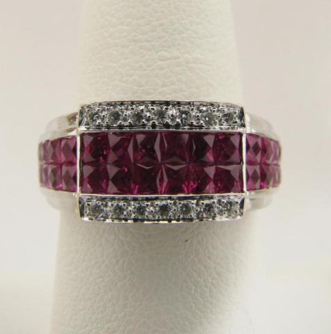 LeVian 18k white gold ring with invisible set rubies prong