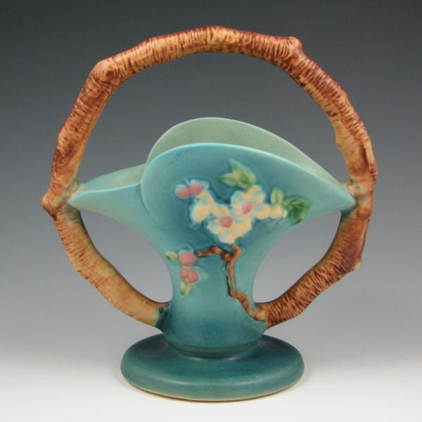 Roseville Apple Blossom basket in blue Marked Roseville USA 309