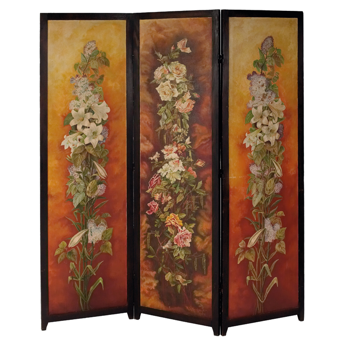 Arts and Crafts period screen three panels with painted floral