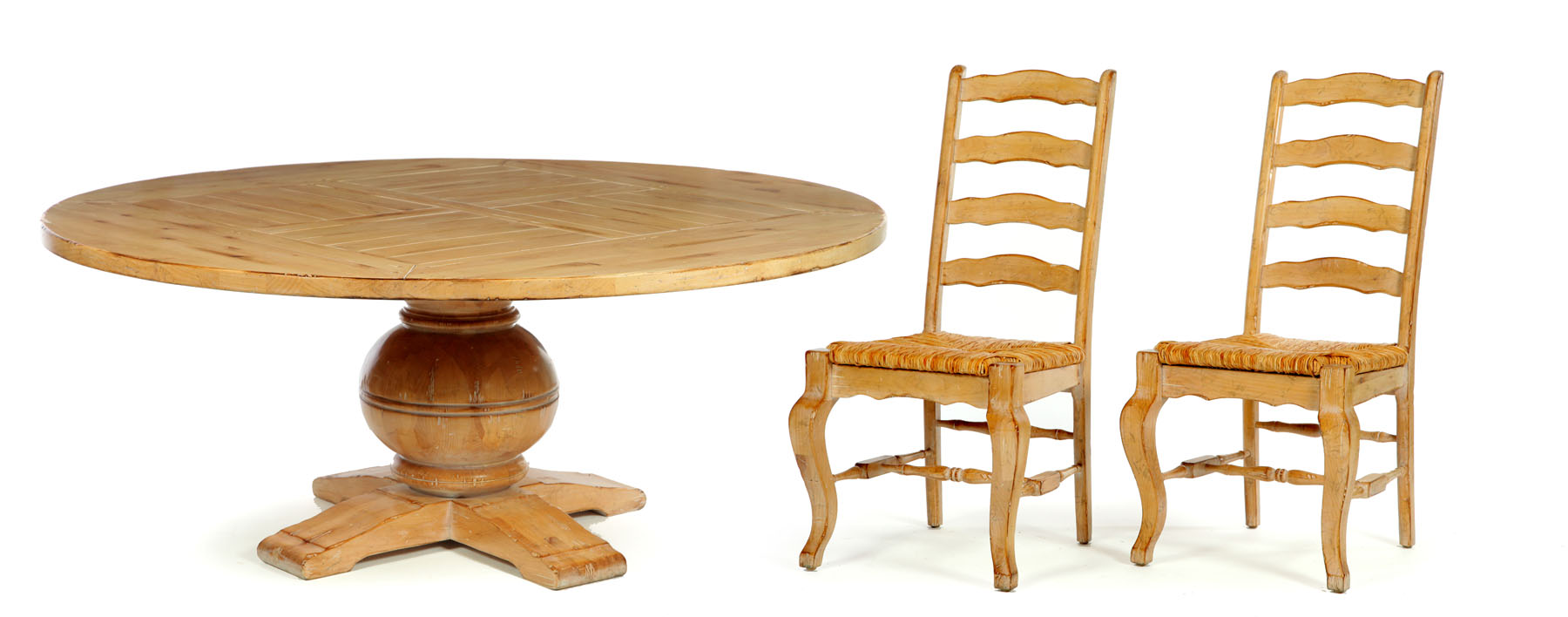 GENEROUS ROUND DINING TABLE WITH SIX CHAIRS Late 20th century