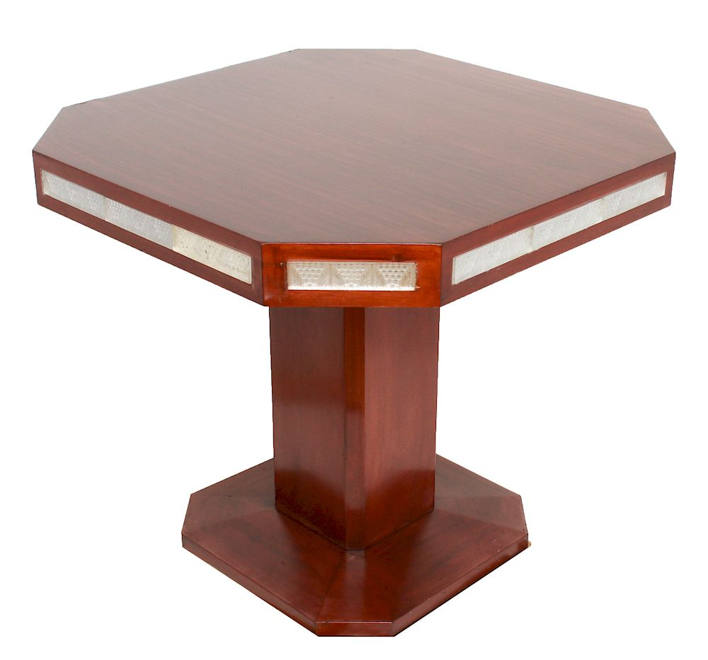Pedestal Center Table w Lalique Glass Panels Pedestal center table