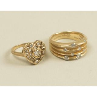 Two Gold and Diamond Rings One heart shaped gold and