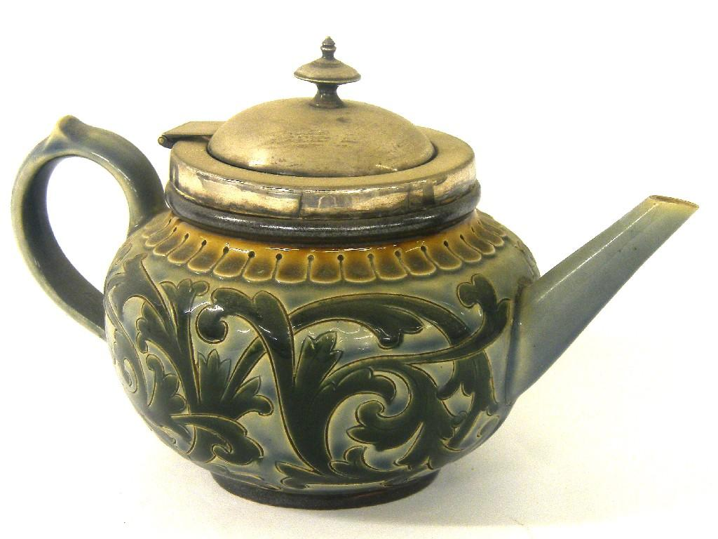 Doulton Lambeth stoneware teapot with an applied silver plated rim