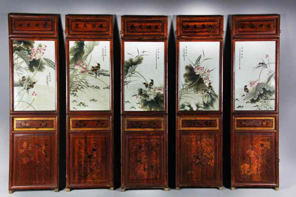 5 Paneled Chinese Porcelain Inlaid Wood ScreenEach porcelain inlaid plaque