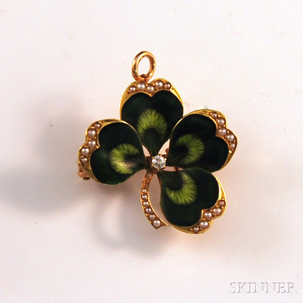 Krementz 14kt Gold Enamel Seed Pearl and Diamond Four leaf