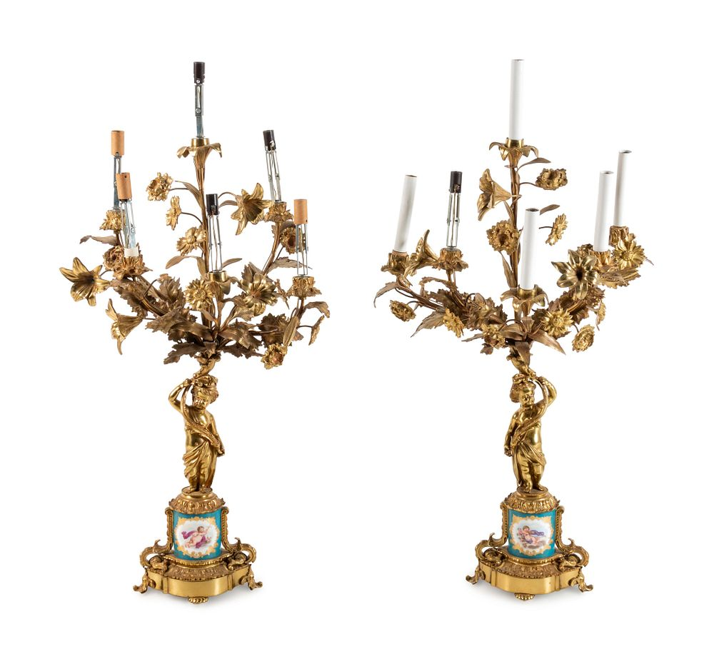 A Pair of Sevres Style Porcelain Mounted Gilt Bronze Six