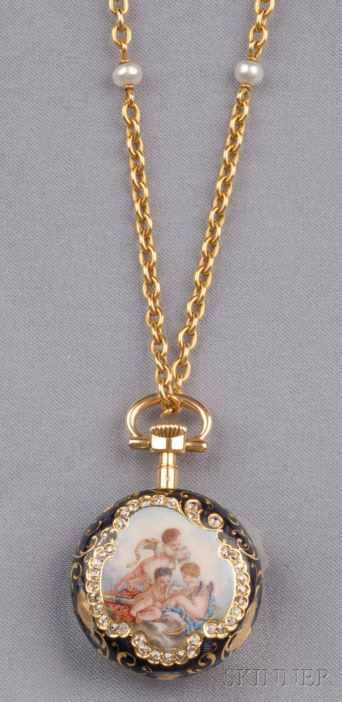 Antique 18kt Gold Diamond and Enamel Pendant Watch Tiffany Co