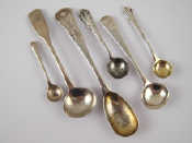 Six various hallmarked sterling silver condiment spoons including Georgian examples