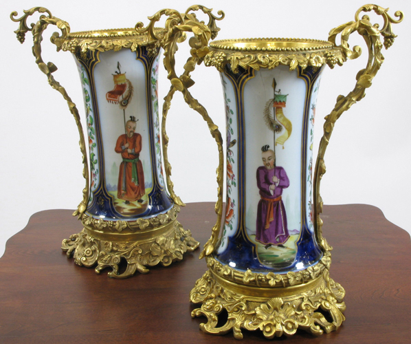 PAIR FRENCH GILT BRONZE URNS fitted with cylindrical hand painted