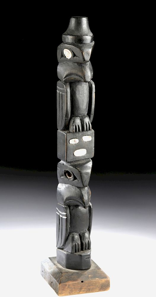 20th C Nuu chah nulth Wood Totem Pole w Abalone