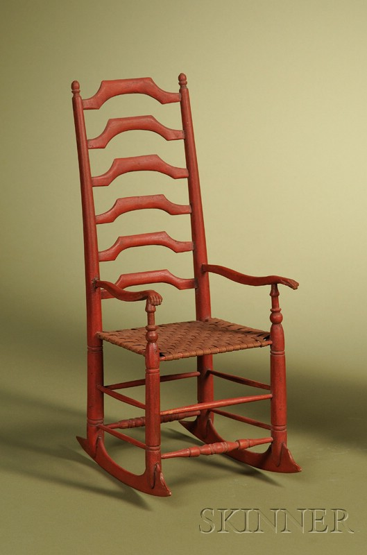 American Red Painted and Carved Miniature Ladder back Rocking Chair