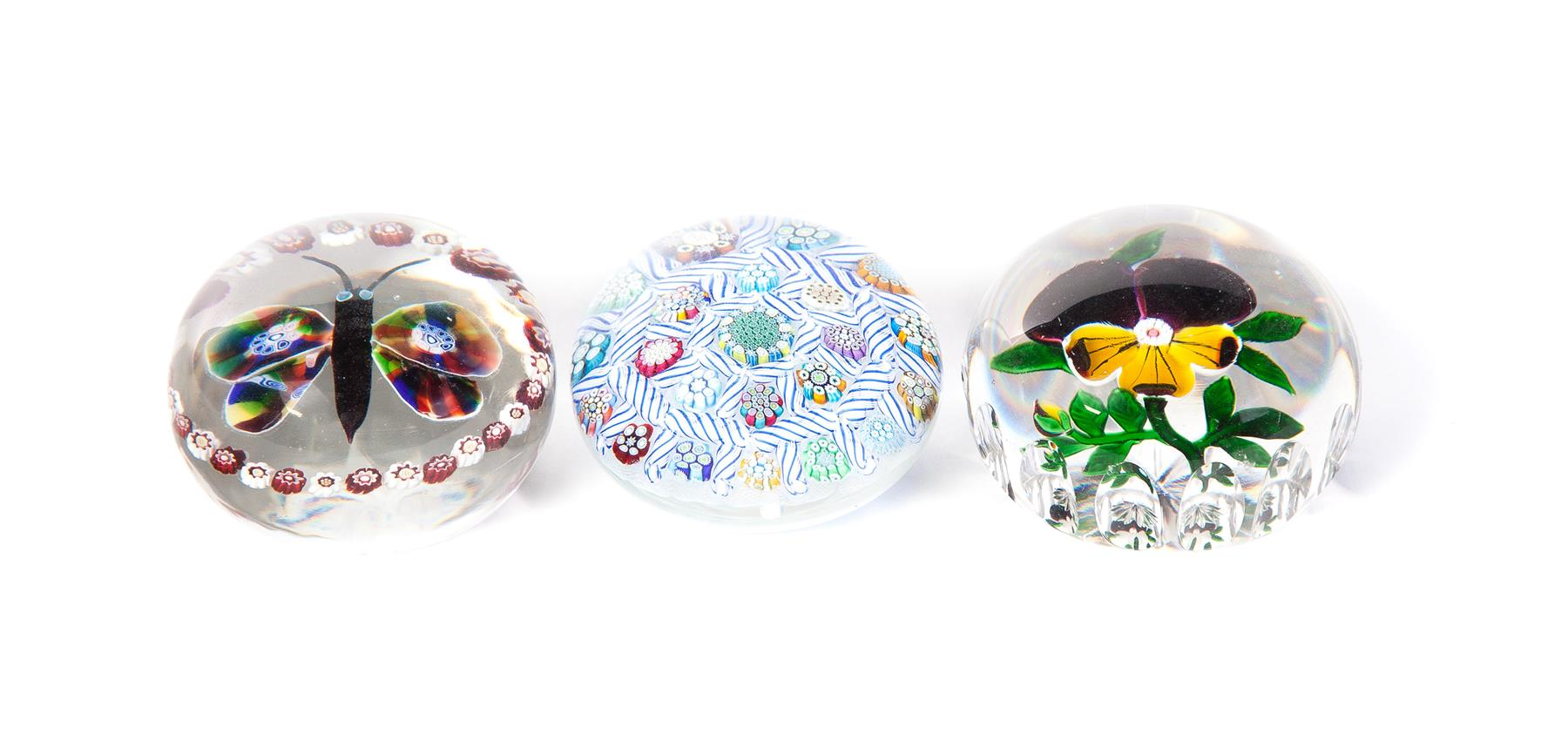 THREE PAPERWEIGHTS European 19th and 20th century A pansy with