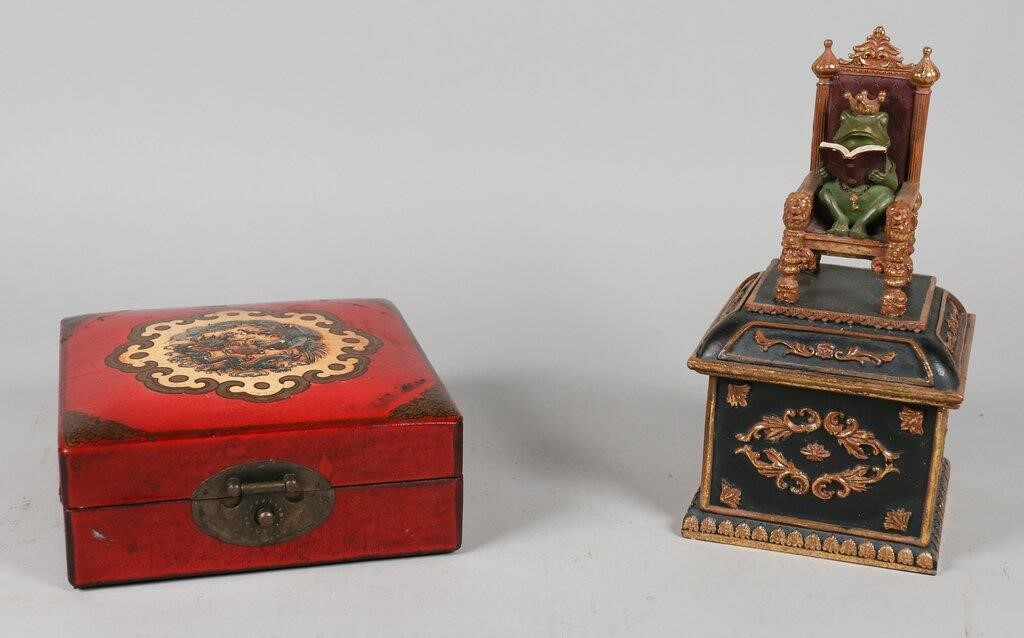 Chinese red lacquered box lined with Chinese paper and one