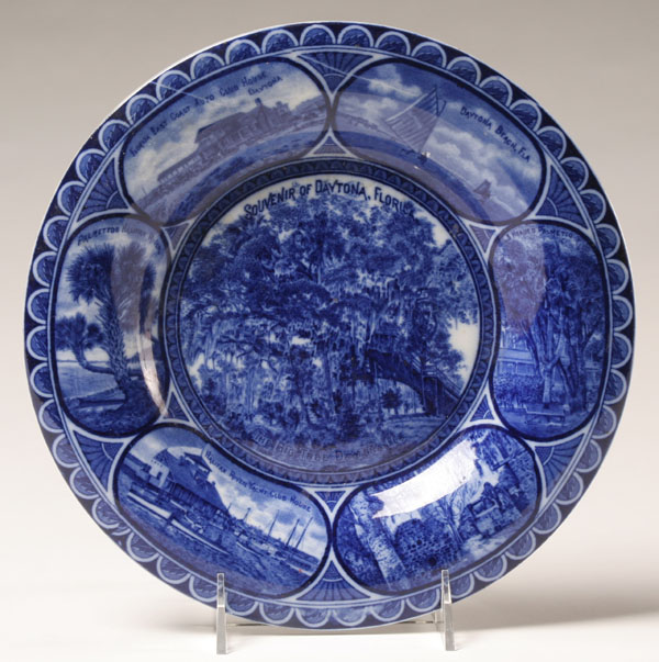 Flow blue souvenir plate cobalt scenes showing early Daytona Beach