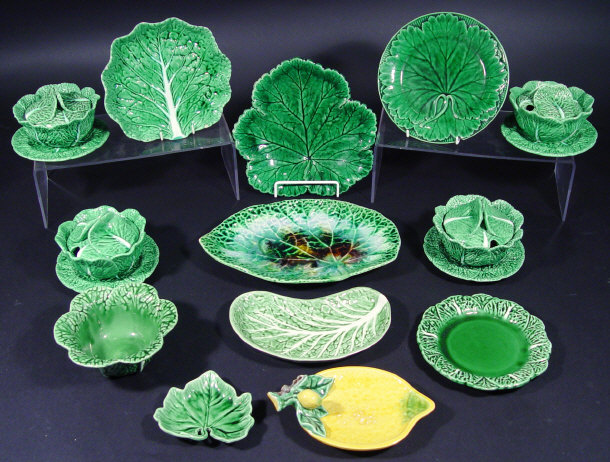Two Victorian Wedgwood Majolica green leaf plates two similar Portuguese