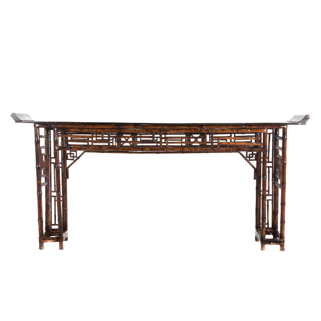 Chinese painted bamboo altar table 20th century ebonized top with