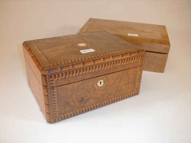 A Victorian walnut work box with dentil parquetry banding the