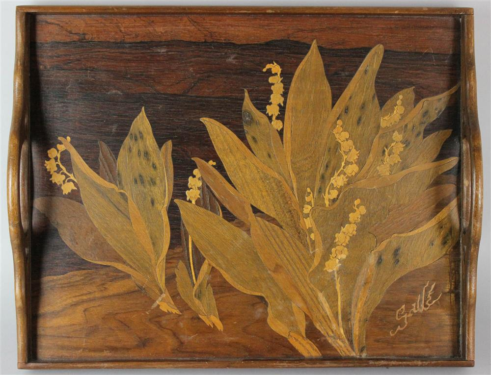 GALLE ART NOUVEAU INLAID ROSEWOOD TWO HANDLED RECTANGULAR TRAY inlaid
