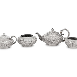 An American Silver Repouss Four Piece Tea Service Jacobi and