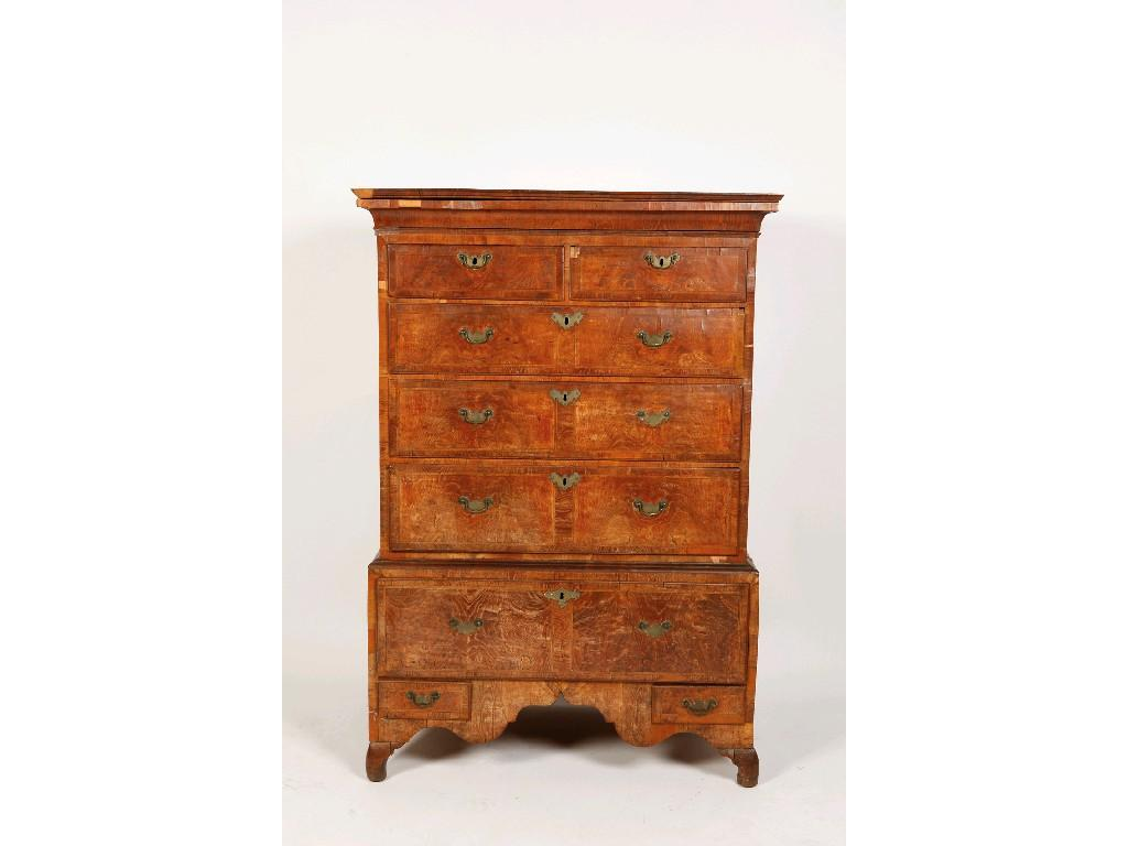 A GEORGE I WALNUT CHEST ON STAND the upper section