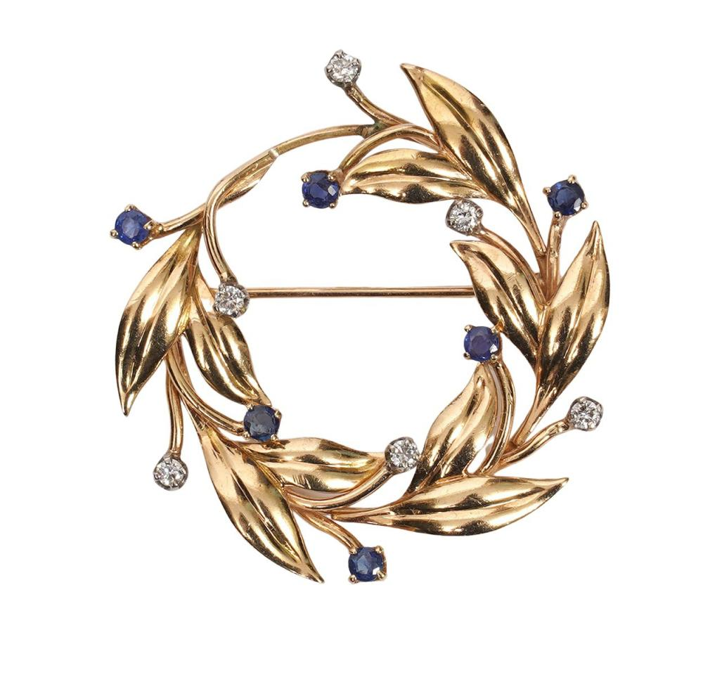 TIFFANY CO 14K YG DIAMOND SAPPHIRE BROOCHSigned Tiffany Co 14K