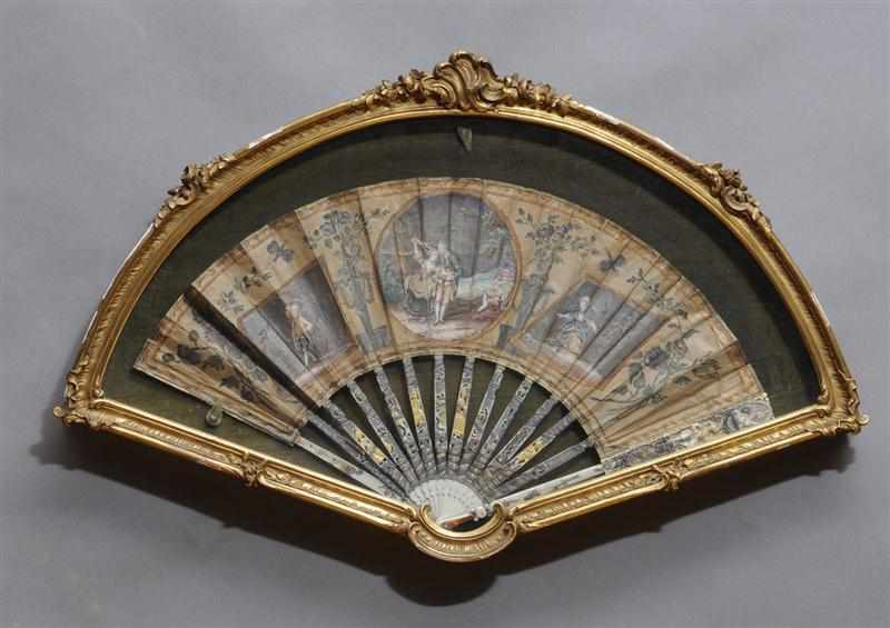 FRENCH WATERCOLOR ON PAPER FAN With central rondel of a