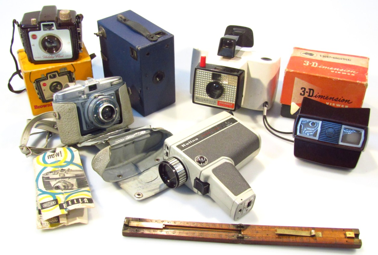 Various cameras and equipment to include Kodak boxed Brownie in