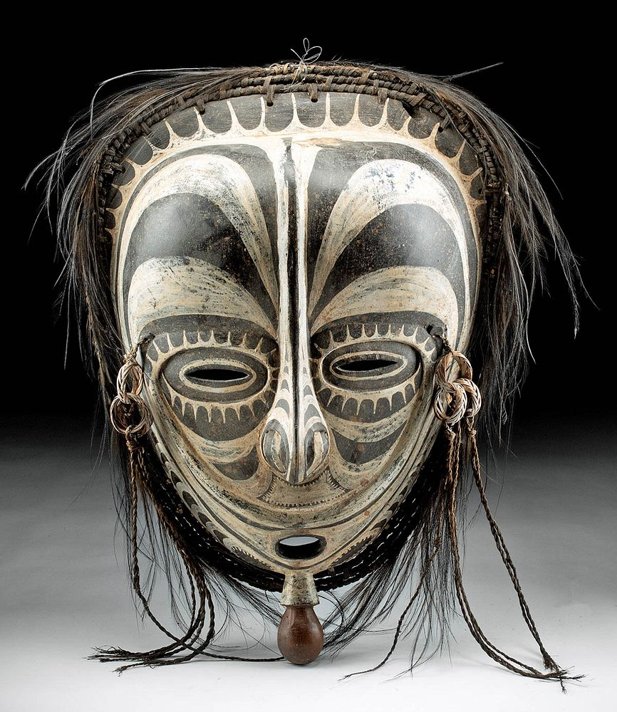 Early 20th C PNG Sepik River Wood Mask w Feathers