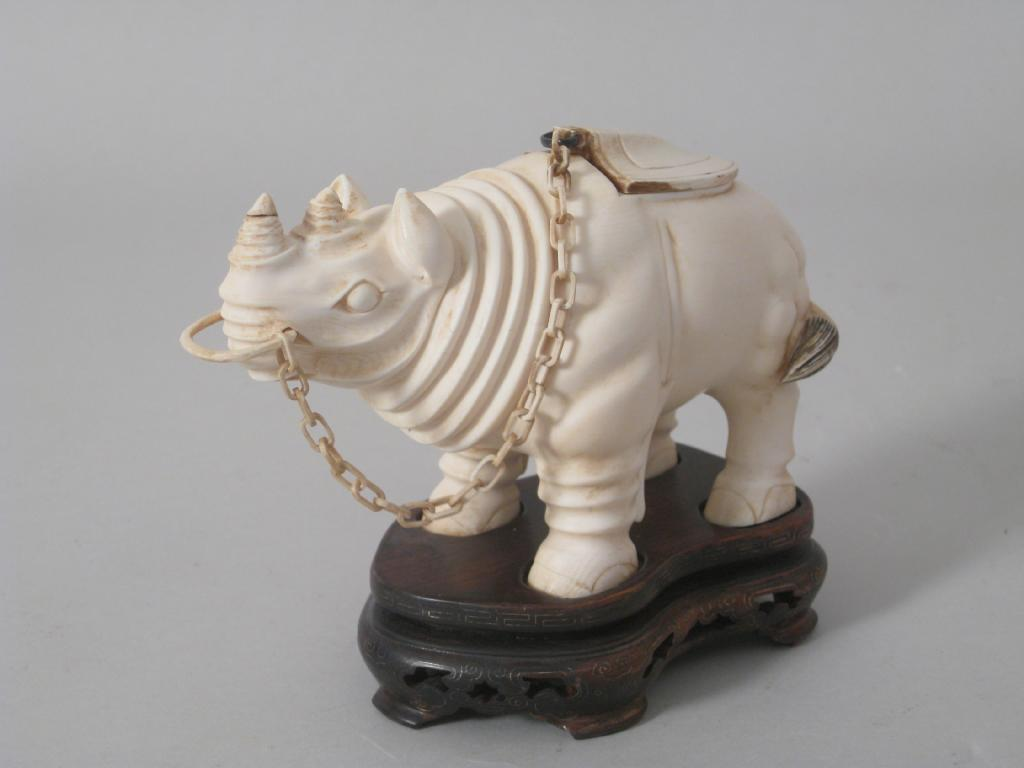 Japanese ivory standing figure Rhino with hinged compartments on back