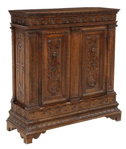 French Renaissance carved cabinet 18th c having rectangular top over