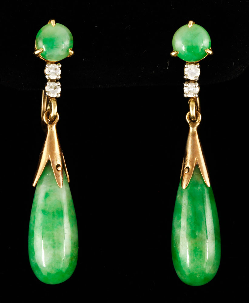 3415 Pr 14K Gold Diamond and Jade Earrings Pair 14K
