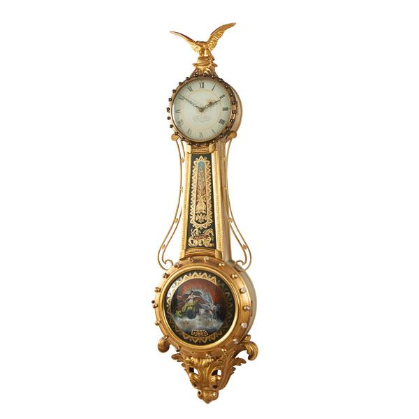 ELMER STENNES GIRANDOLE CLOCK Gilded case with reverse painted panels