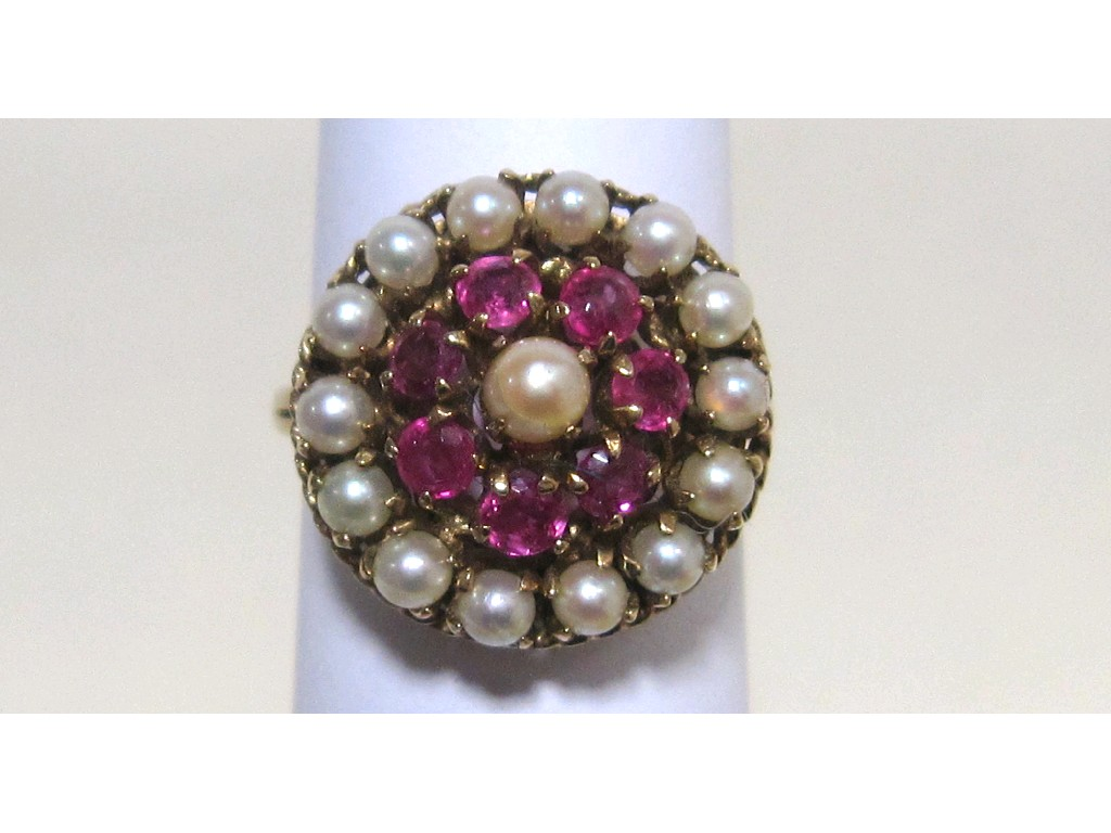 Nineteen fifties 9 ct gold ruby and pearl cluster ring