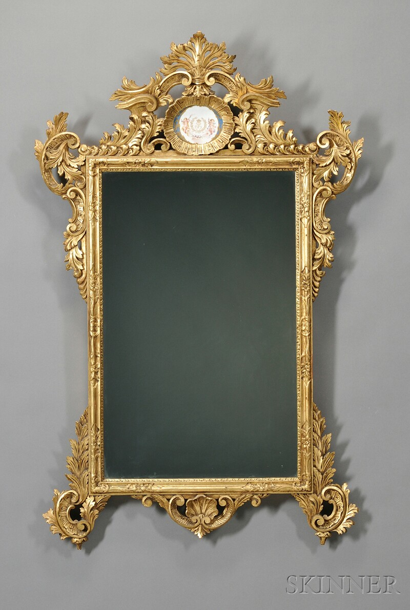 Sevres Porcelain mounted Carved Giltwood Mirror the crest with scrolling