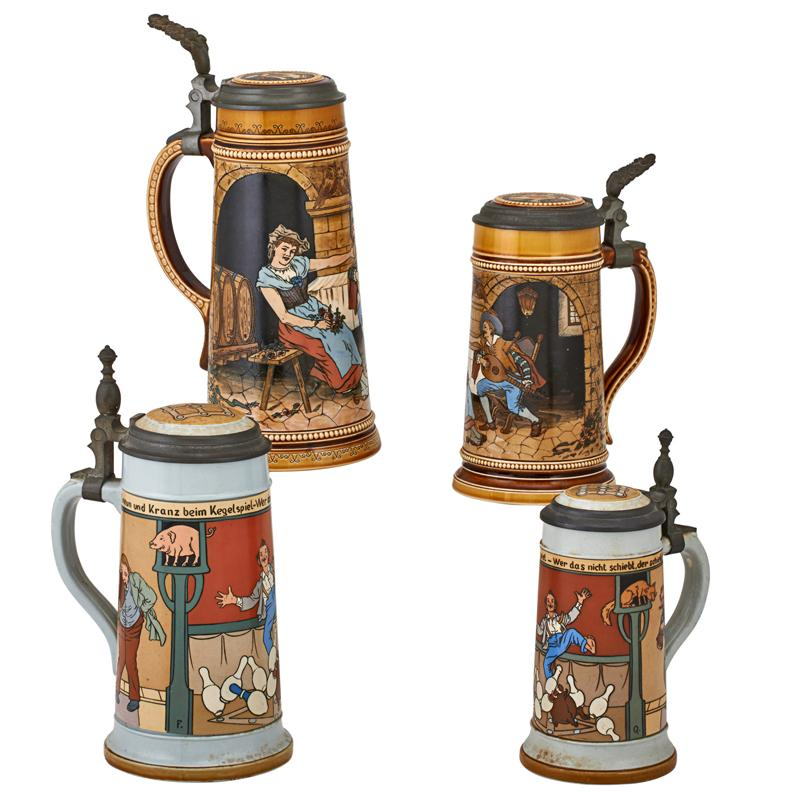 METTLACH ETCHED STEINS Four Numbers 2959 liter 2959 half liter