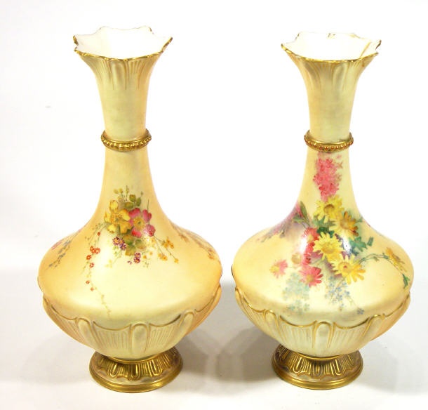 Pair of large Royal Worcester bottle vases hand painted and