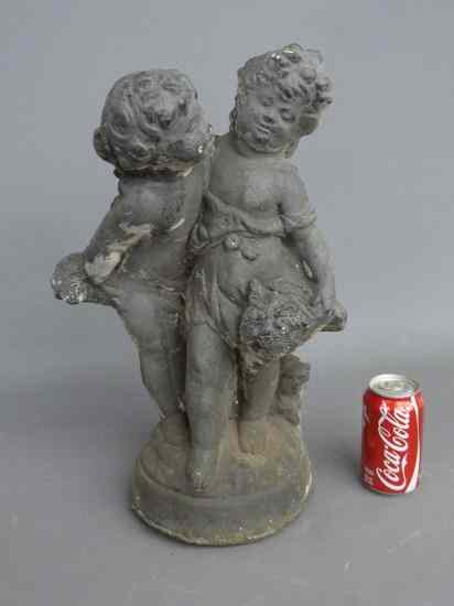 Poured stone fountain two boys 19 1 2 Ht