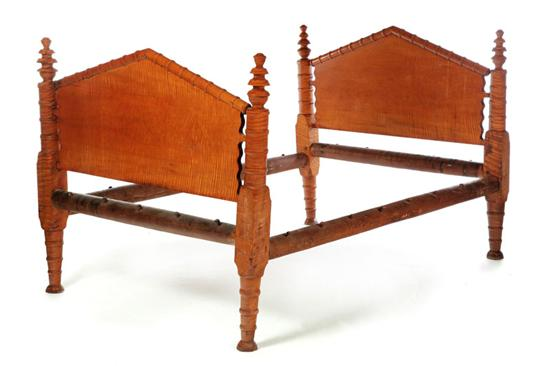ROPE BED Midwestern mid 19th century curly maple Peaked head