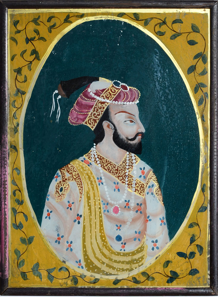 PAIR OF INDIAN REVERSE PAINTINGS ON GLASS DEPICTING A NOBLE