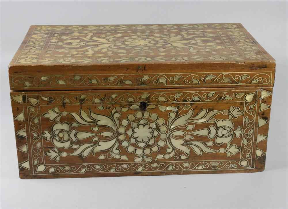 MOTHER OF PEARL INLAID WOODEN COFFER with hinged rectangular top
