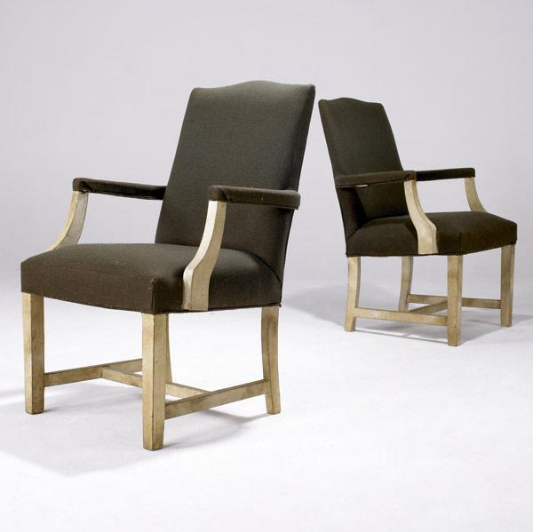 DECORATIVE Pair of parchment covered oak armchairs with original dark