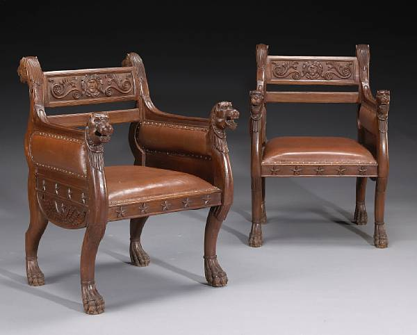 A pair of Regency style mahogany armchairs after a design