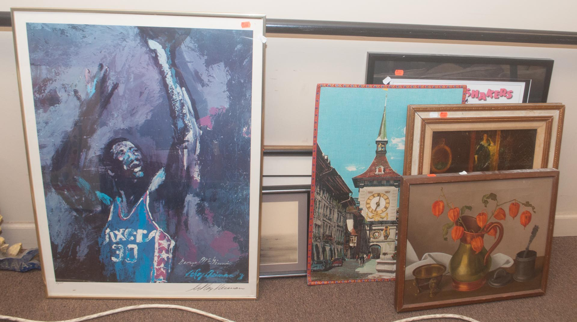 Eight framed artworks and a mirror as is including prints